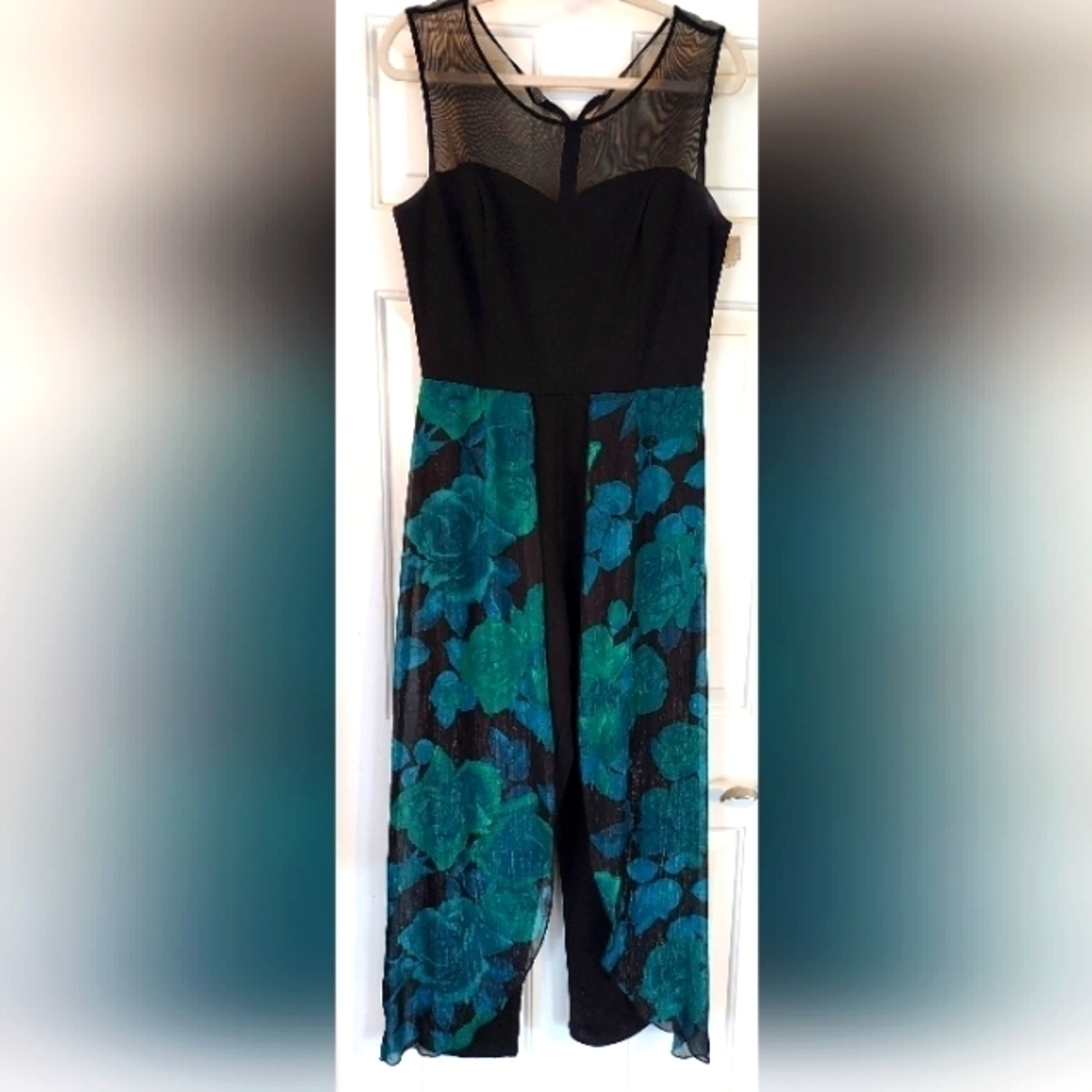 Alexa B Nites Black & Green Sparkle Dressy Floral Jumpsuit Size 8